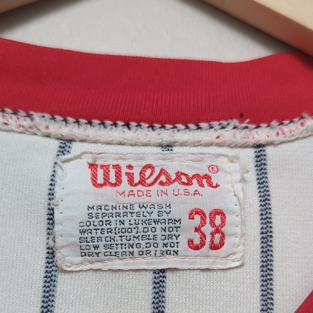 Vtg 70s 80s Wilson Baseball Uniform Jersey Pinstripe White Blue Red 16 USA SMALL - Picture 10 of 15